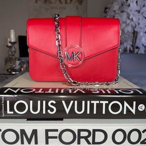 New Michael Kors Red Silver Carmen Medium Convertible Shoulder Bag NWT